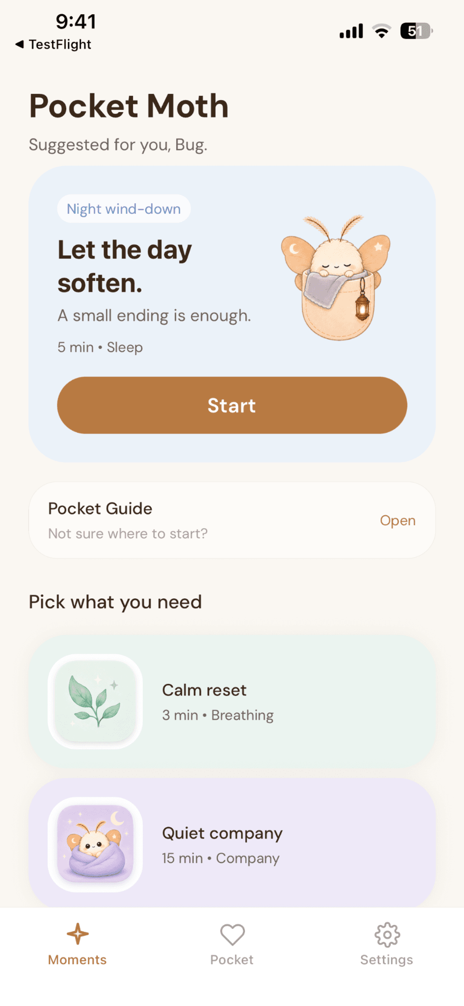 Pocket Moth moments home screen
